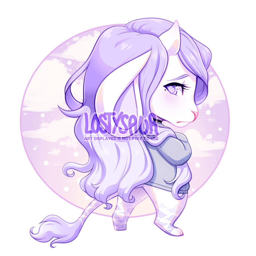Chibi art of a white lion character with lavender hair and accents belonging to a client